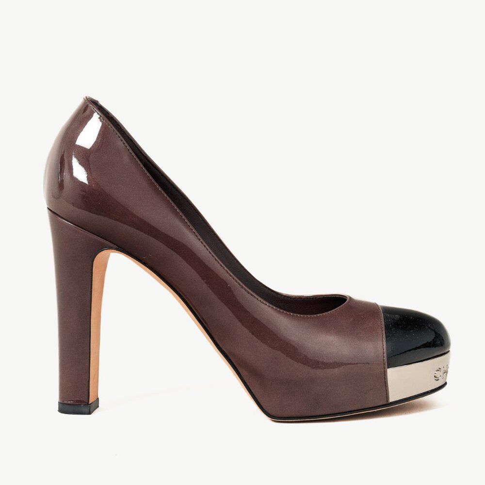 Chanel Brown Patent Leather Mirror Platform Pumps